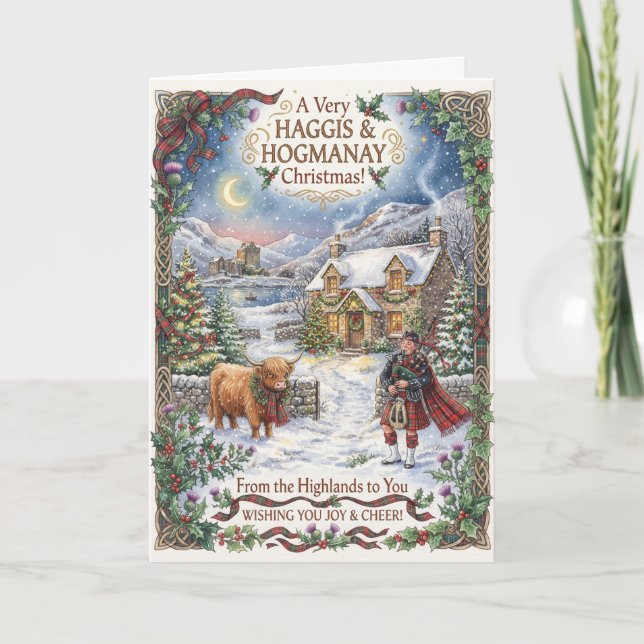 Cartão Botânico de Natal com Cervo Escocês (Frente)