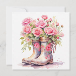 Cartão Botas de Jardim Aquarela com Rosas Pink 