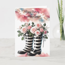 Cartão Botas Listradas Chuvas e Rosas de Aniversário