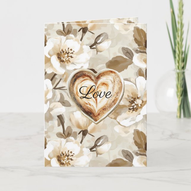 Cartão Branco Creme Marrom Floral Coração Amor (Frente)