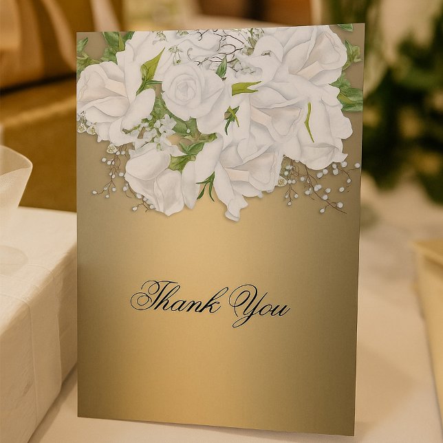 Cartão Bridal Rose Bouquet, Dourado Casamento Obrigado (White Bridal Rose Bouquet Gold Wedding Thank You Card by the Elegant Wedding)