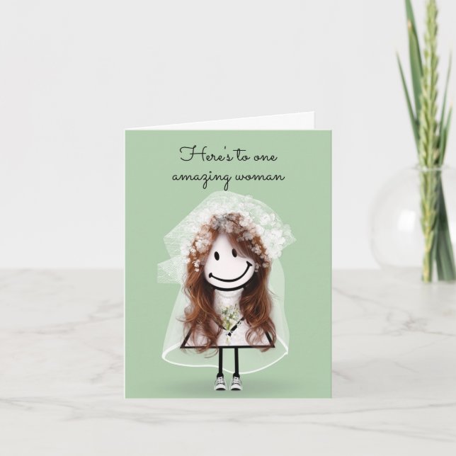 Cartão Bride Stick Figure Girl com Buquê (Frente)