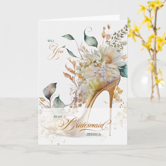 Cartão Bridesmaid Request Botanical Wedding Shoe Custom (Flor Amarela)