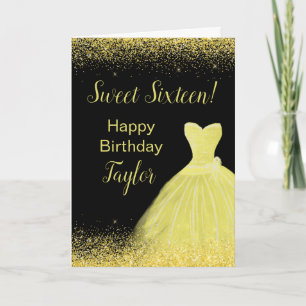 Cartão Bright Yellow Dress Faux Glitter Sweet 16 Birthday