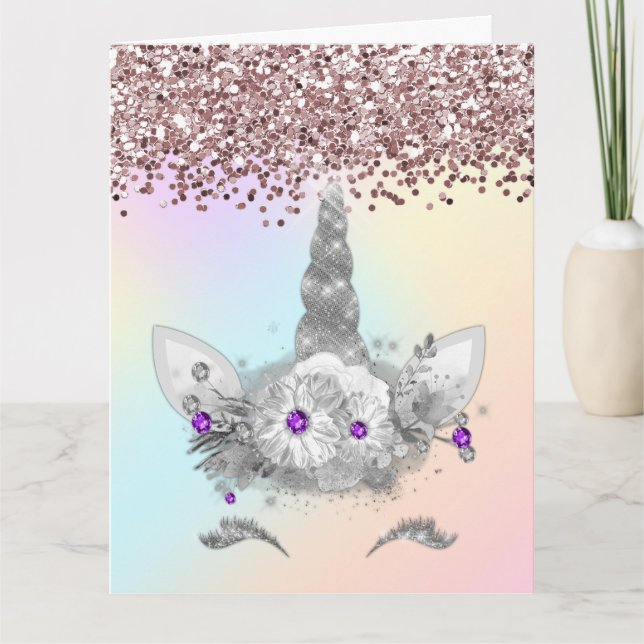 Cartão Brilhante rosa e Unicórnio prateado (Frente)