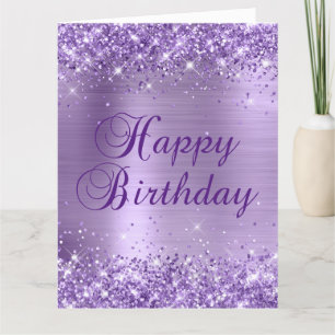 Cartão Brilhante Roxo Claro Folha Grande Feliz Aniversári