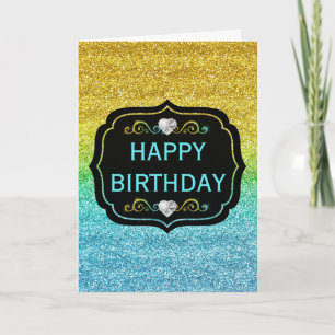 Cartão Brilho Amarelo & Gradiente Azul Brilho Aniversário