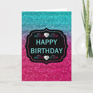 Cartão Brilho Azul e Rosa Gradiente Glitter Aniversário