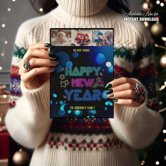 Cartão Brilho Neon Black & Blue Midnight Sparkle Ano Novo (Criador carregado)