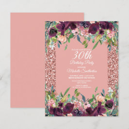 Cartão Brilho Rosa Roxo Floral Aniversário de 30 anos Fem