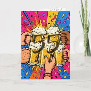 Cartão Brinde de Cerveja de 55º Aniversário em Pop Art