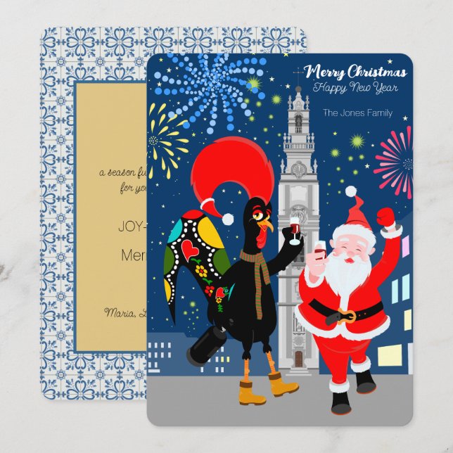 Cartão Brinde de Papai Noel e Galo para o Ano Novo (Frente/Verso)