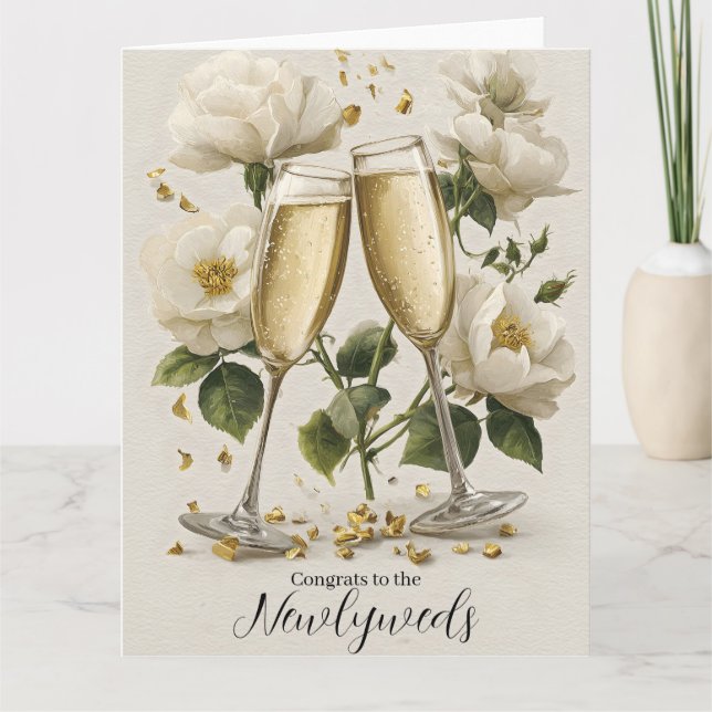 Cartão Brinde Elegante com Champanhe e Rosas Brancas (Frente)