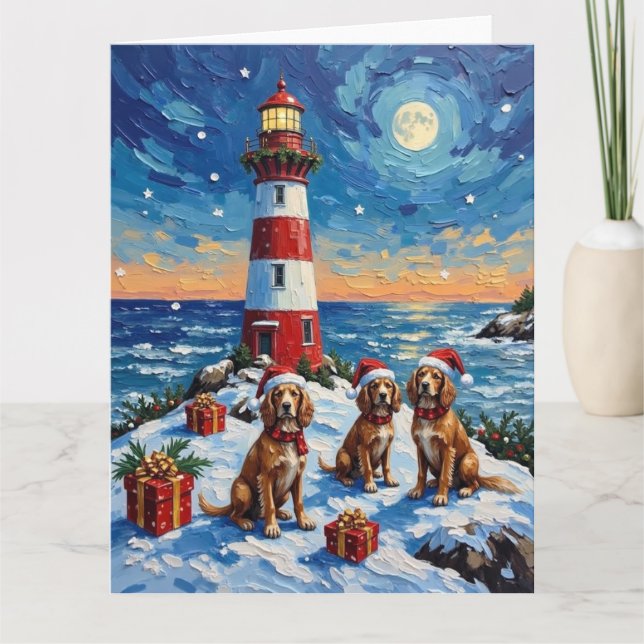 Cartão Brittany Spaniel Christmas Lighthouse Holiday (Frente)