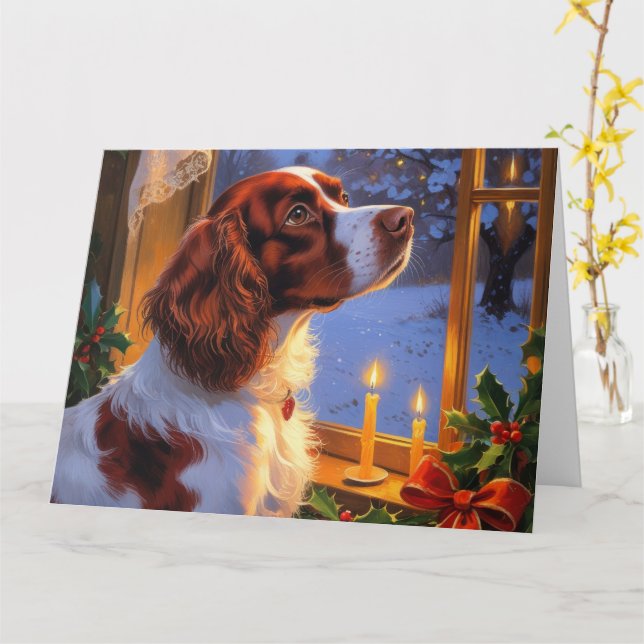 Cartão Brittany Spaniel com Férias de Natal (Flor Amarela)