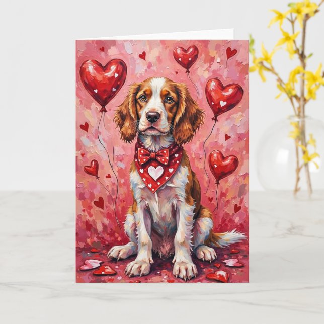 Cartão Brittany Spaniel Valentine’s Day Dog with Hearts (Flor Amarela)