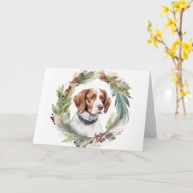 Cartão Brittany Spaniel Wreath Festivo Pup (Flor Amarela)