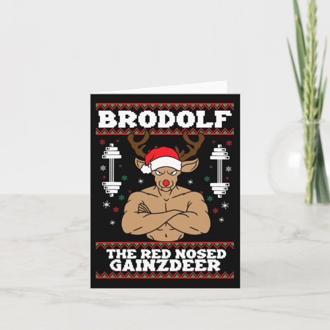 Cartão Brodolf Natal Engraçado Renas Musculosas Ginásio F (Frente)