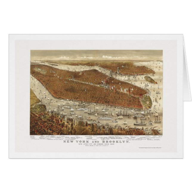 Cartão Brooklyn, mapa panorâmico de NY - 1877 (Frente Horizontal)