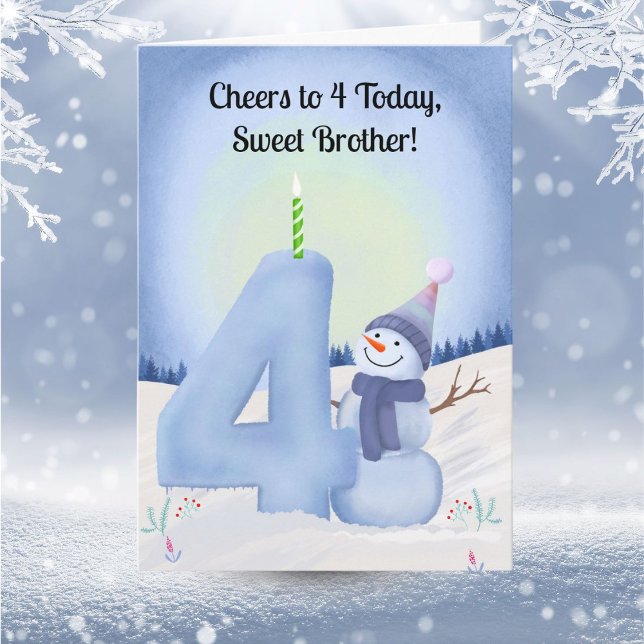 Cartão Brother 4th Birthday Snowman with Snowy Four (Criador carregado)