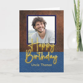 Cartão Brown and Blue leather Gold Script Uncle Birthday