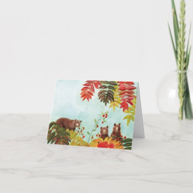 Cartão Brown Bears Comendo Berries Rowan Vermelho (Frente)
