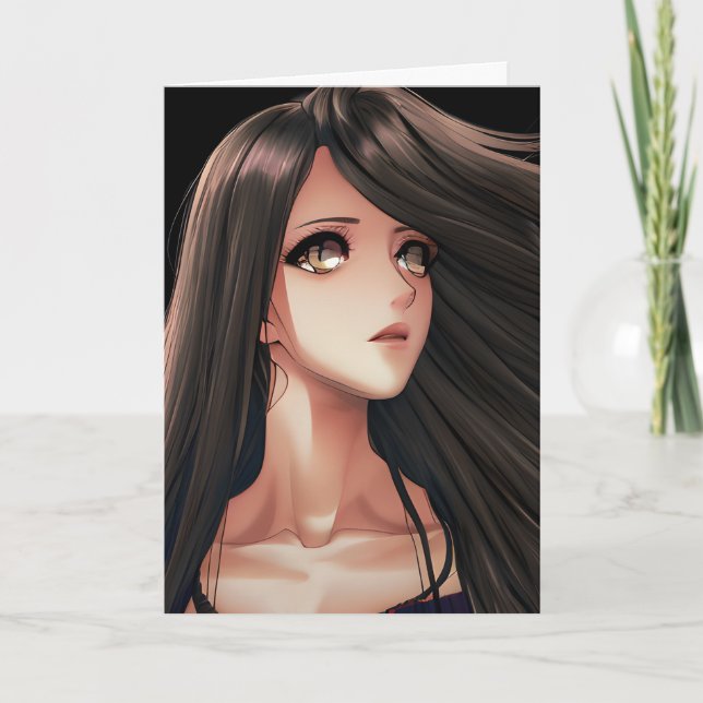 Cartão Brown Eyed Brunette Anime Girl | Sinto Sua Falta (Frente)