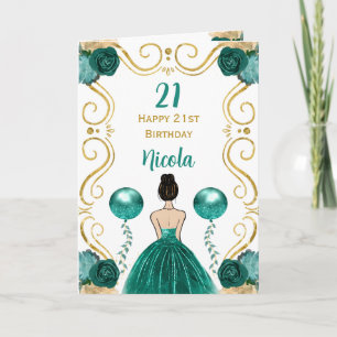 Cartão Brown Hair Princess Teal Happy Birthday