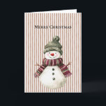 Cartão Brown Stripes Christmas Snowman<br><div class="desc">Castanho arranha neve de Natal com cachecol</div>