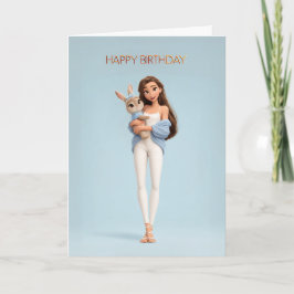 Cartão Brunette Girl in Blue Cardigan w/ White Bunny BDay