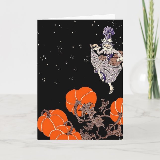 Cartão Bruxa antiga em mancha de abóbora (Frente)