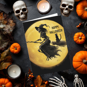 Cartão Bruxa Assustadora do Esqueleto e Halloween da Lua