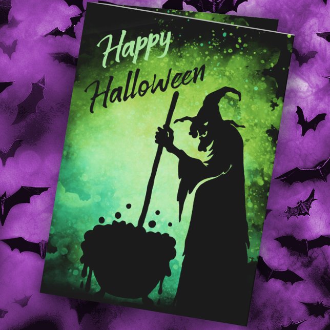 Cartão Bruxa com Cartola Feliz de Halloween (Witch with cauldron Happy Halloween Card)