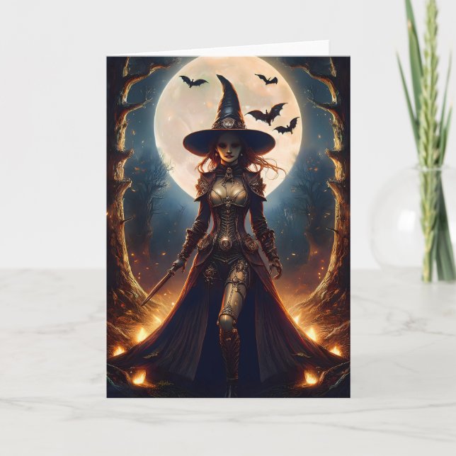 Cartão Bruxa da Floresta Steampunk do Halloween (Frente)