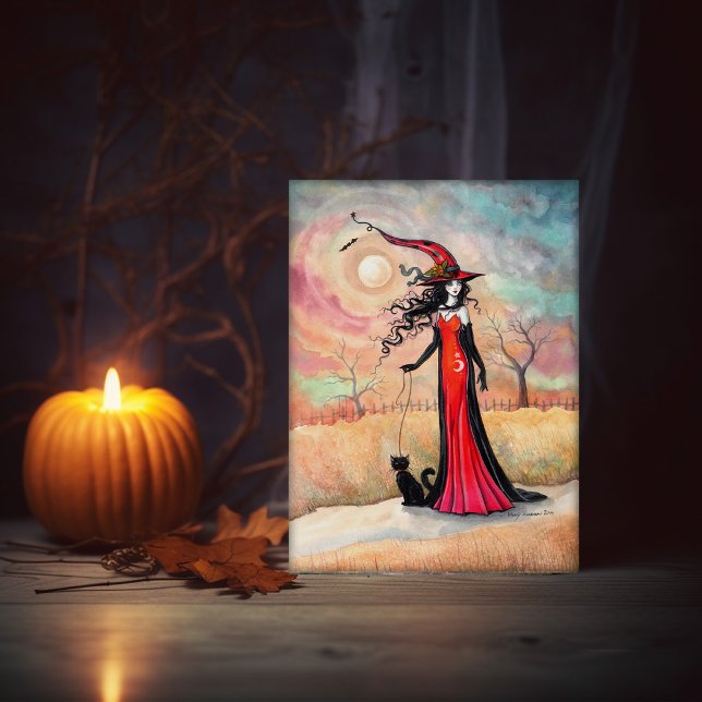 Cartão Bruxa de Gato no Passeio de Outono Arte de Hallowe (Criador carregado)