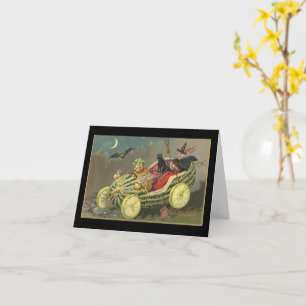 Cartão Bruxa de Halloween Carro de Corrida Melão Vintage