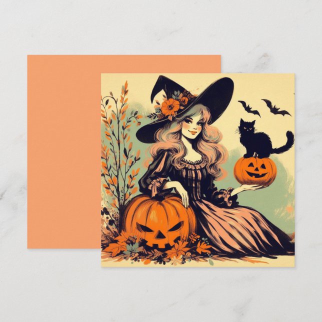 Cartão Bruxa de Halloween com Gato Negro e Abóbora (Frente/Verso)