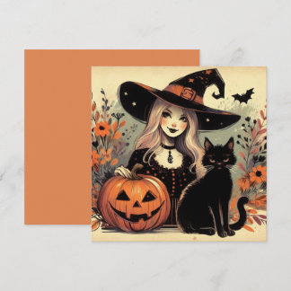Cartão Bruxa de Halloween com Gato Negro e Abóbora
