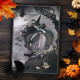 Cartão Bruxa de Halloween com Gato Negro e Morcegos