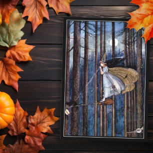 Cartão Bruxa de Halloween com Gato Negro na Broom