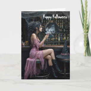 Cartão Bruxa de Halloween com um Vestido Rosa