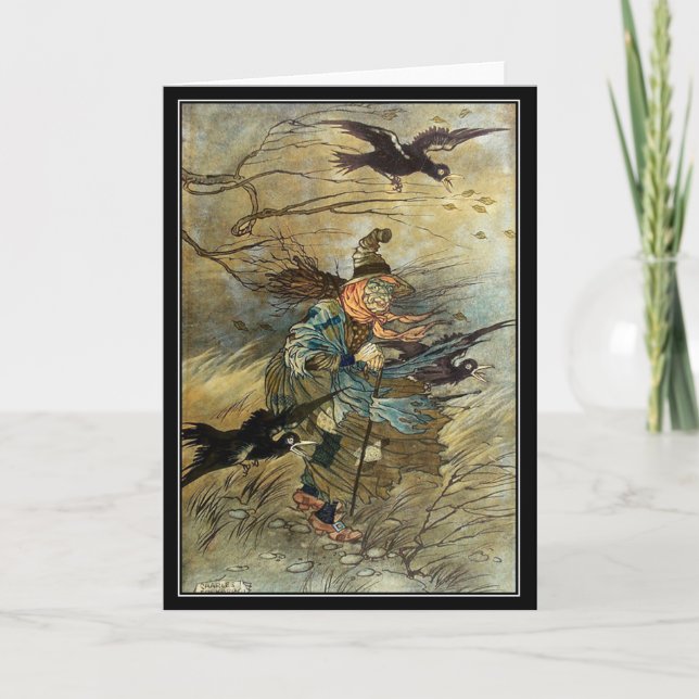 Cartão Bruxa de Halloween da Broom Charles Folkard (Frente)