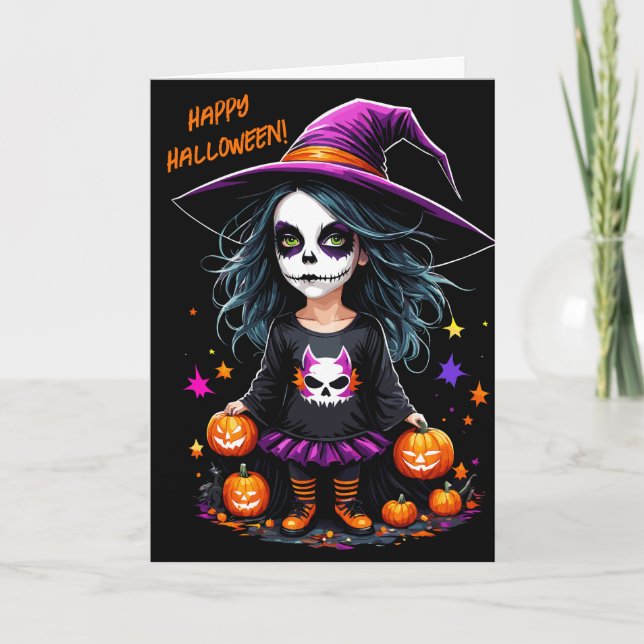 Cartão Bruxa de Halloween de Kawaii, um Adorável e Bonito (Frente)