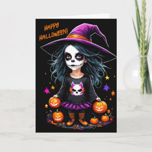 Cartão Bruxa de Halloween de Kawaii, um Adorável e Bonito