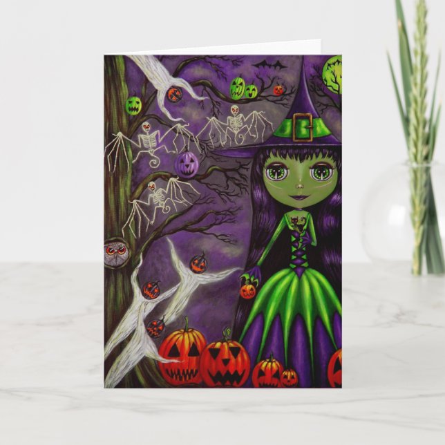 Cartão Bruxa de Halloween em Roxo e Verde (Frente)