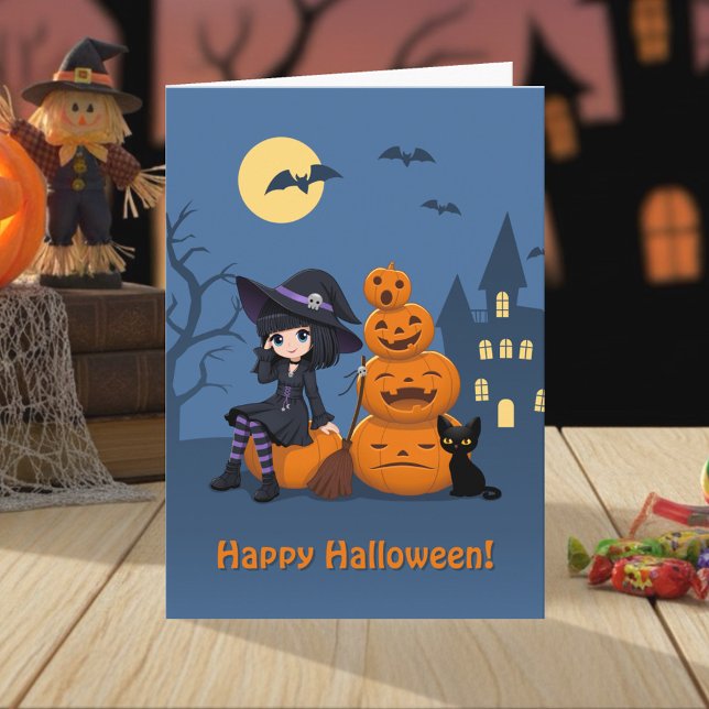 Cartão Bruxa de Halloween, Gato Negro e Abóboras (Criador carregado)