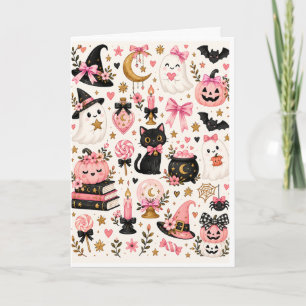 Cartão Bruxa de Halloween Rosa Fantasmas Fofos Gato Preto