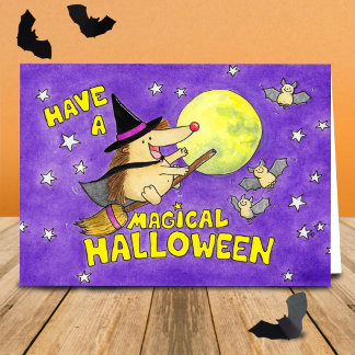 Cartão Bruxa de Ourico-Cacheiro Cute Halloween em Branco