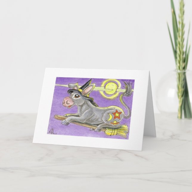 Cartão Bruxa do asno do Dia das Bruxas e vassoura do vôo (Frente)
