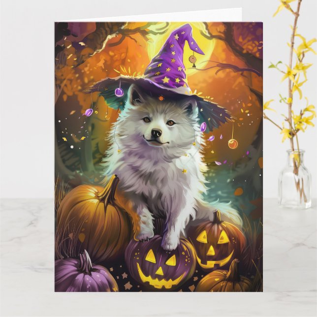Cartão Bruxa e Abóbora de Halloween do Cão de Treno Ameri (Flor Amarela)